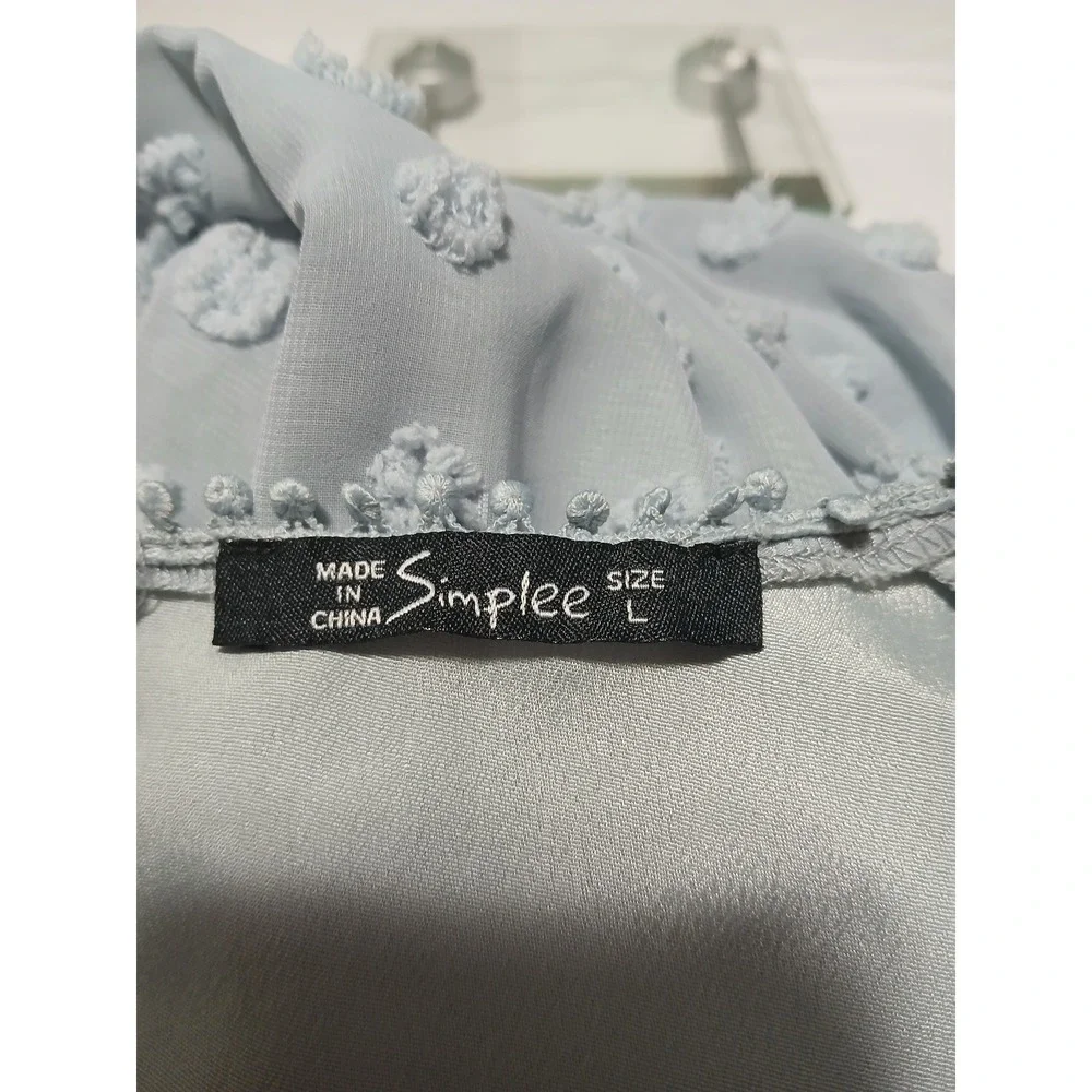 Simplee Light Blue Swiss Dot Crochet Lace Mini Dress Long Sleeve Size L - Picture 5 of 9